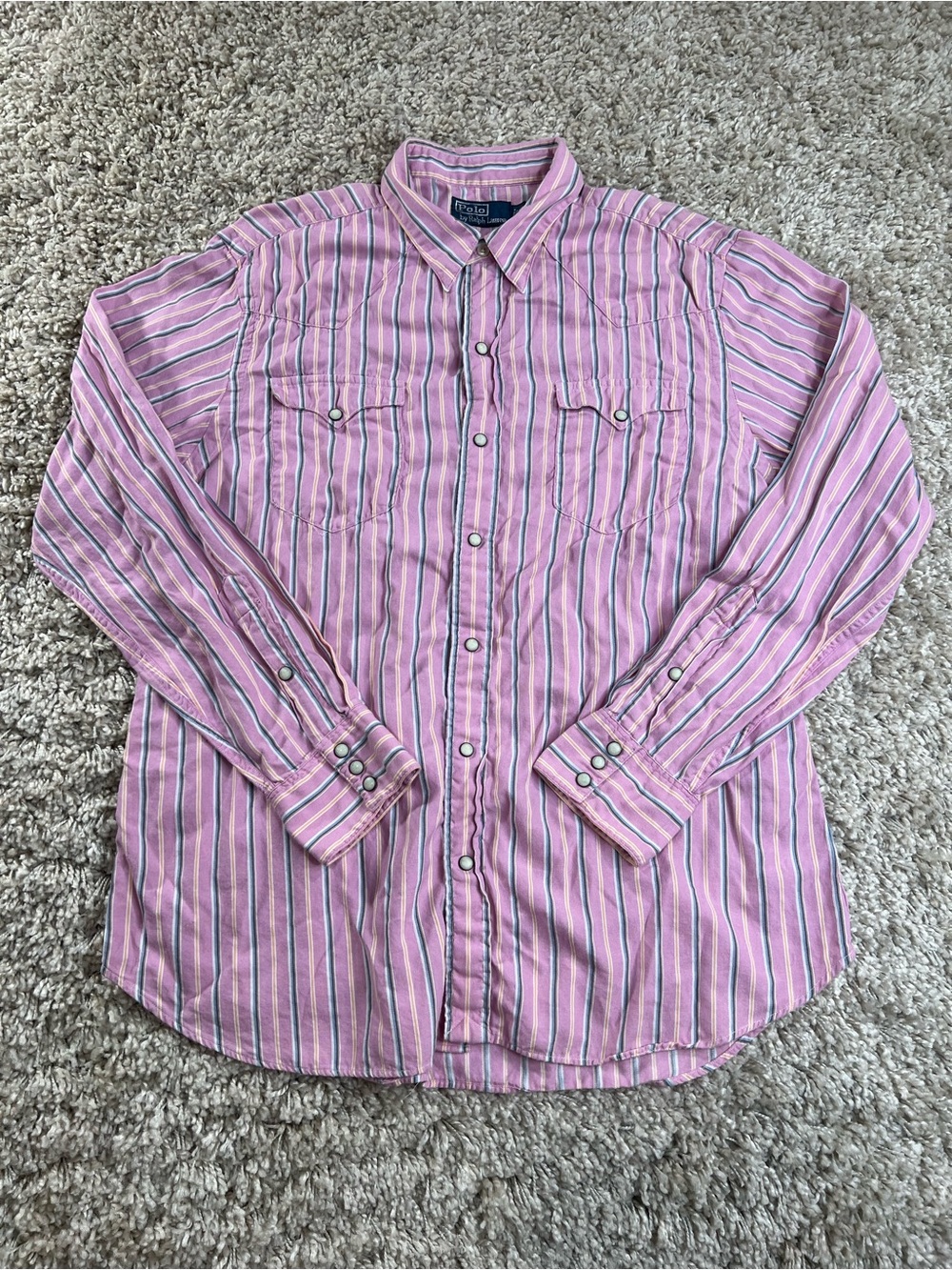Vintage Polo Ralph Lauren Pink & White Striped Pearl Snap Shirt Large